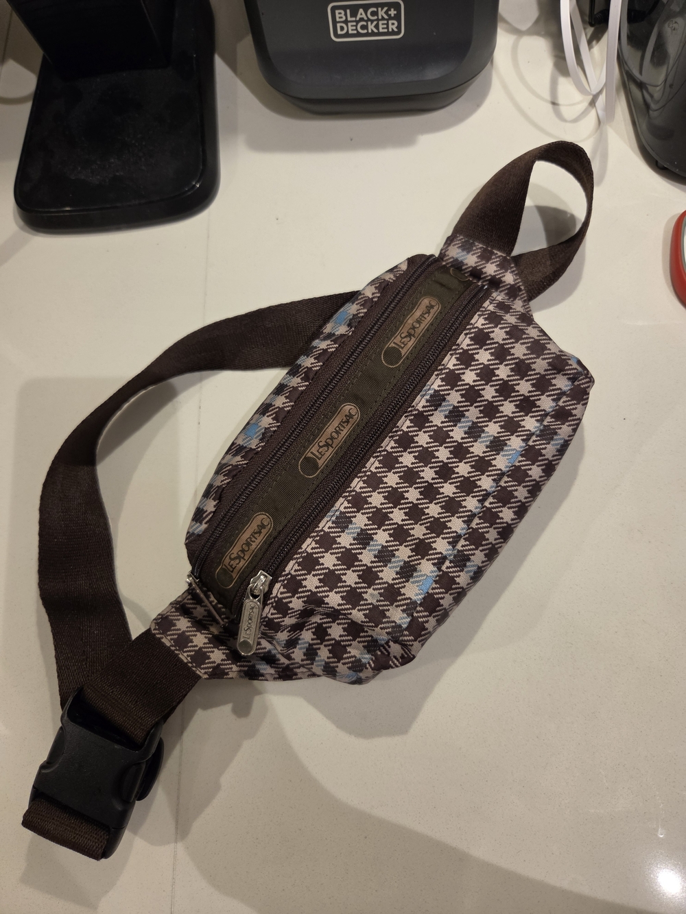 Lesportsac Brown Houndstooth Belt Bag with Light Blue Accents
